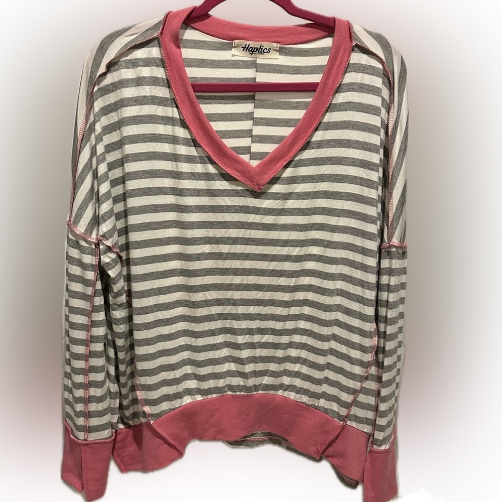 Haptics Pink and Gray Striped Women's Top